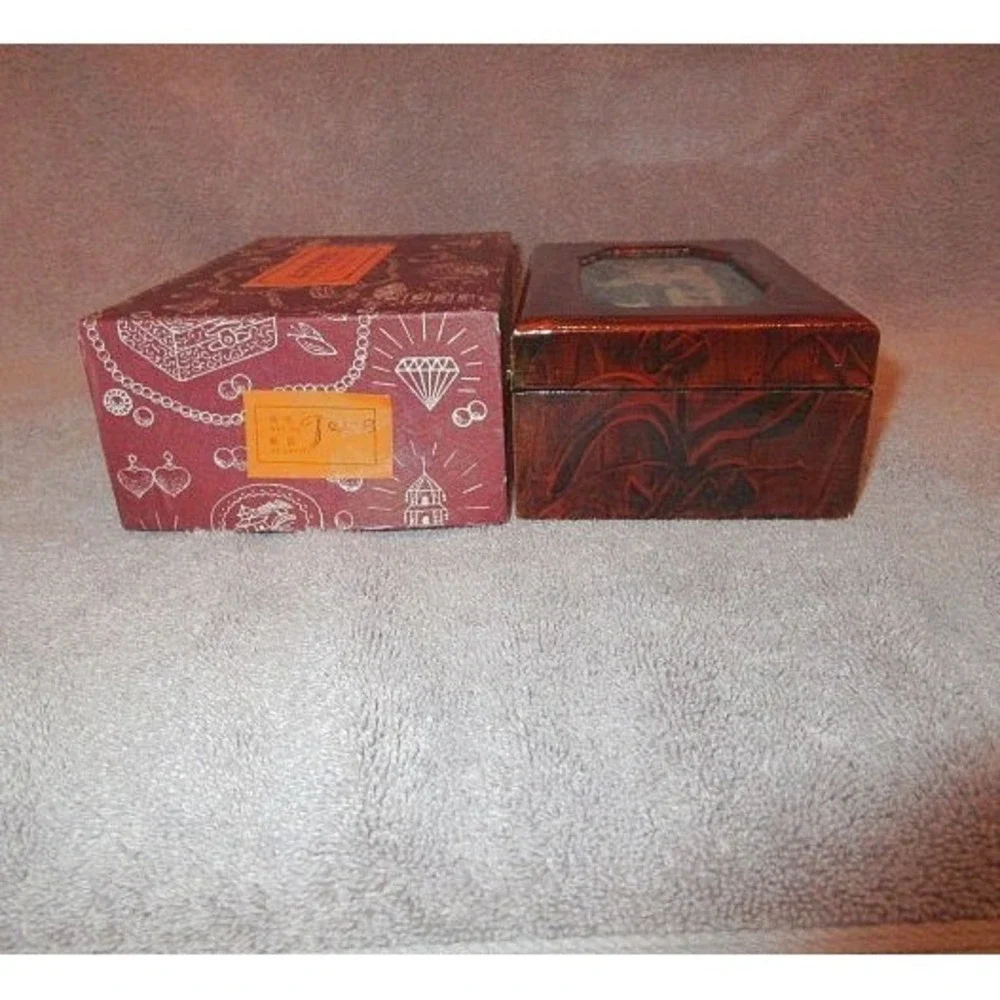 Vintage Wood Jewelry Box Asian Diorama Lacquered Cork Velvet Lined Glass Lid NEW